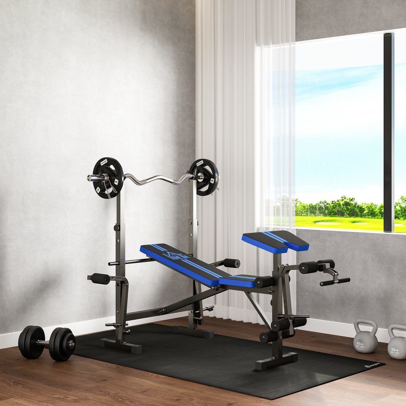 HOMCOM Adjustable Weight Bench with Leg Developer Barbell Rack for Weight Lifting and Strength Training Multifunctional Workout Station for Home Gym Fitness, Blue