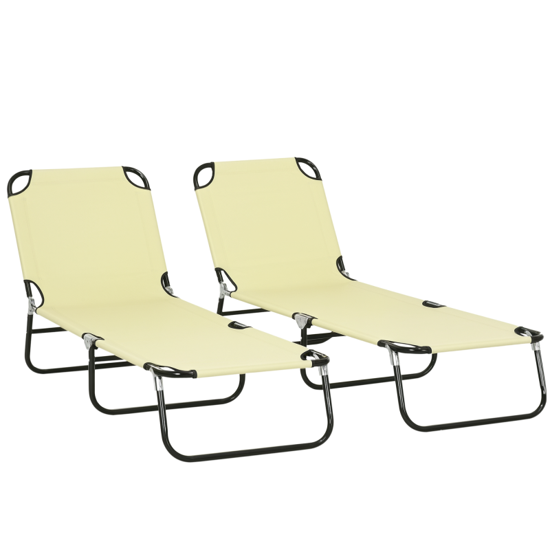 Outsunny Folding Sun Loungers Set of 2, Outdoor Day Bed with 5-Position Adjustable Backrest, Portable Recliner Garden Chairs with Breathable Mesh for Beach, Patio, Beige