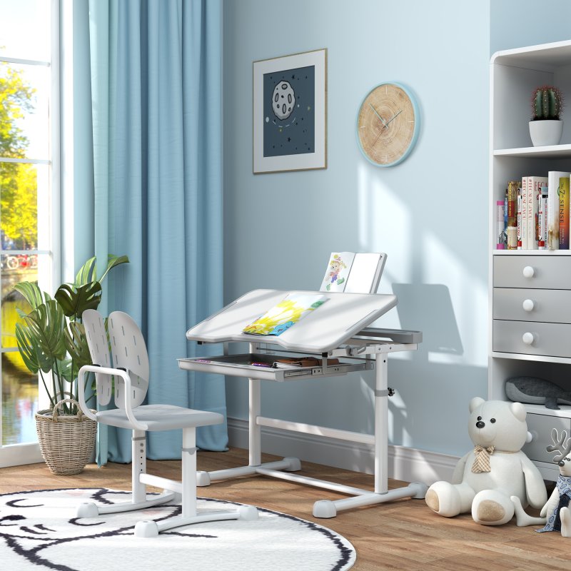 AIYAPLAY Kids Desk and Chair Set, Height Adjustable School Study Table Chair Set with Tilted Desktop, Storage Drawer, Book Stand, for Writing Reading, kids Aged 3-12 Years, Grey
