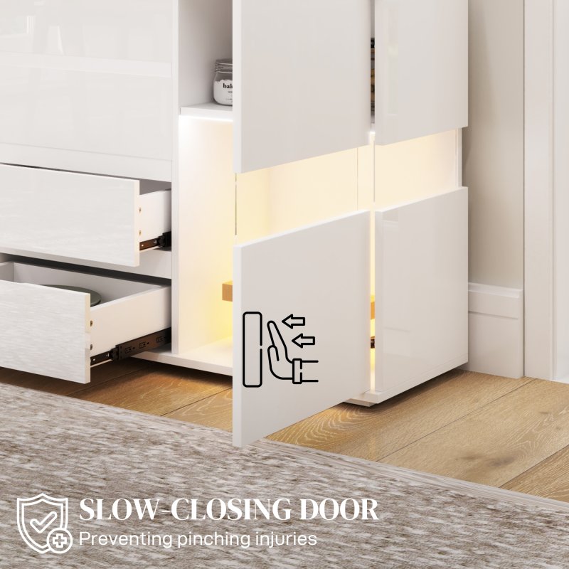 HOMCOM LED Sideboard for Living Room, High Gloss 2-Door Storage Cabinet with 4 Drawers and Remote Control, White