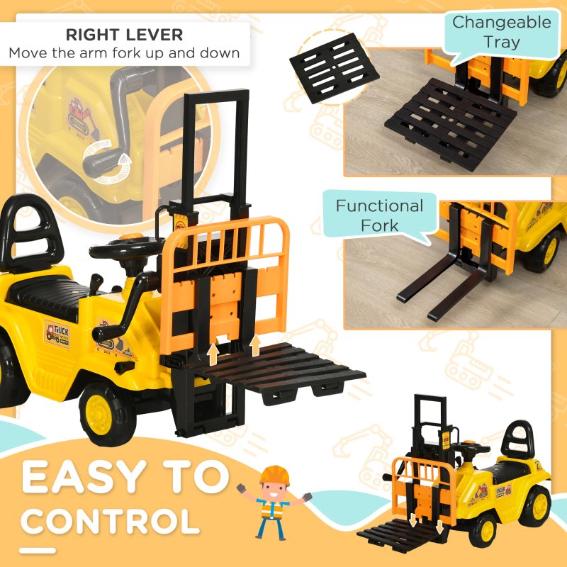 HOMCOM Kids Ride on Forklift Truck w/ Fork and Tray, Ride On Tractor w/ Under Seat Storage, Treaded Wheels, No Power Design, for 3-4 Years Old