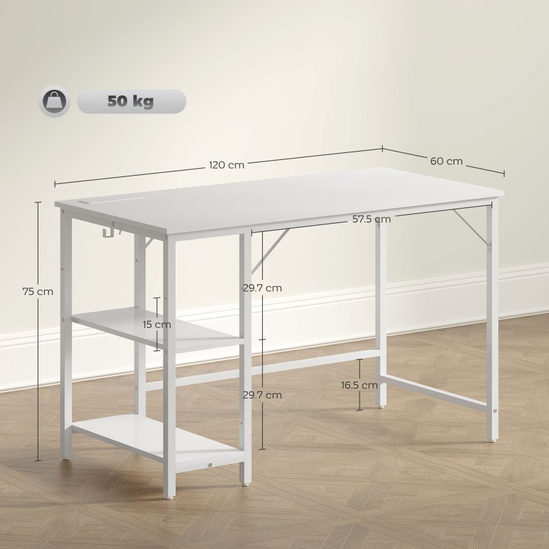 HOMCOM Computer Desk with Power Outlets, 120 x 60 cm Home Office Desk with Reversible Storage Shelves and Headphone Hook, Study Table Workstation for Bedroom, White