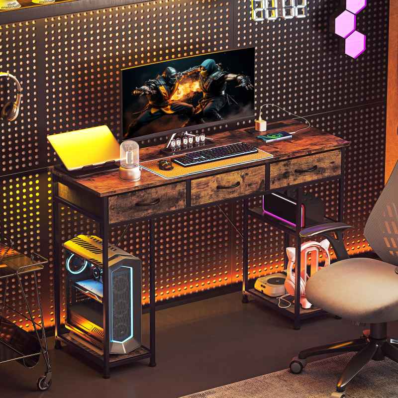 HOMCOM Computer Desk with Power Outlets, 120cm Home Office Desk with 3 Fabric Drawers and 4 Storage Shelves, Study Table Workstation for Bedroom
