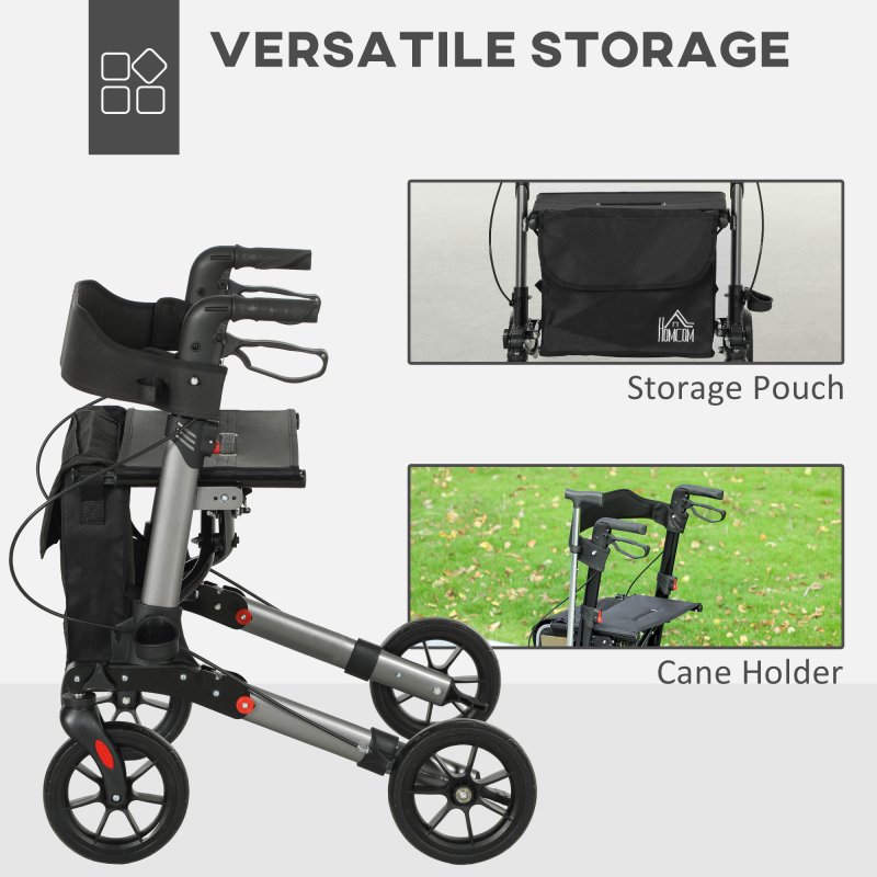HOMCOM 4 Wheel Rollator with Seat and Back, Folding Mobility Walker with Carry Bag, Adjustable Height, Dual Brakes, Cane Holder, Lightweight Aluminium Walking Frame for Seniors and Disabled