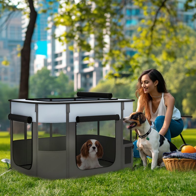 PawHut Dog Pen, Pet Playpen, Portable Foldable Dog Cat Playpen Soft Pet Cage with Storage Bag for Puppies, Rabbits, Kittens, Guinea Pigs, 94 x 74 x 60cm - Grey