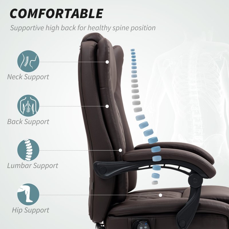HOMCOM Executive Office Chair with 6-point Massage and Heat, PU Leather Reclining Desk Chair with Tufted High Back, Height Adjustable, Swivel Wheels, Footrest, for Home, Dark Brown