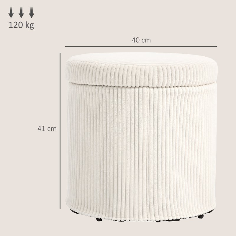 HOMCOM 40cm Round Storage Ottoman, Corduroy Footstool with Removable Lid and Legs, Vanity Stool for Living Room, Bedroom