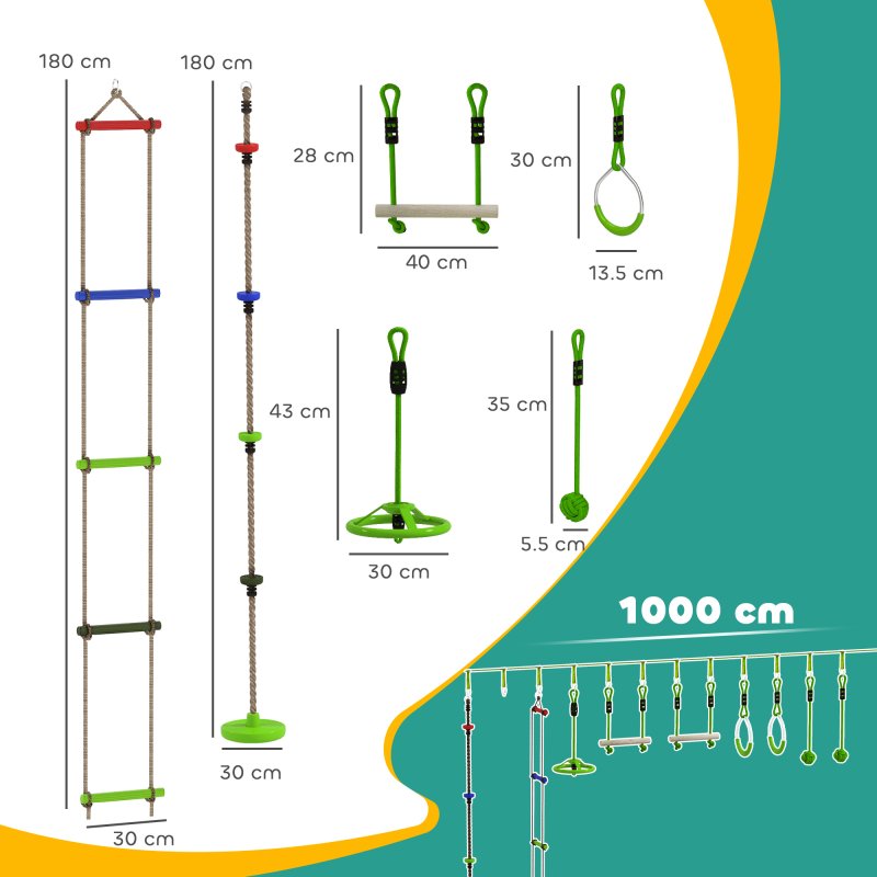 AIYAPLAY Obstacle Course for Kids, 32.8ft 10 Piece Zip Line Stackline for Kids, with 2 Monkey Bars, 2 Gym Rings, Rope Ladder, Nest Swing, Tree Protector, 2 Bags, Hanging Tray, 2 Rope Knots