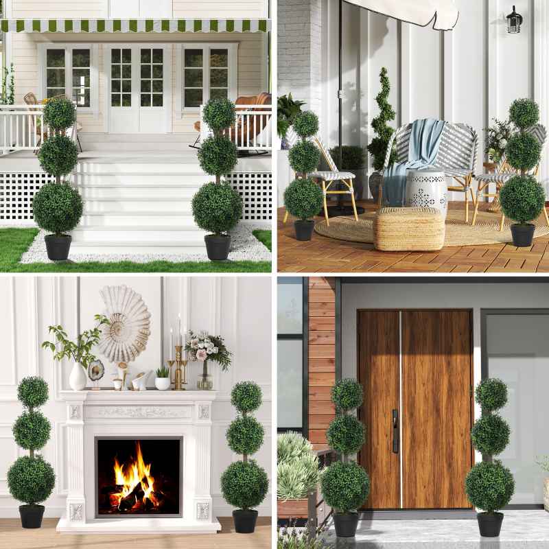 HOMCOM Set of 2 Decorative Artificial Trees, Topiary Ball-shaped Boxwood Trees in Pot, Fake Plants for Home Indoor outdoor Decor, 100cm, Green