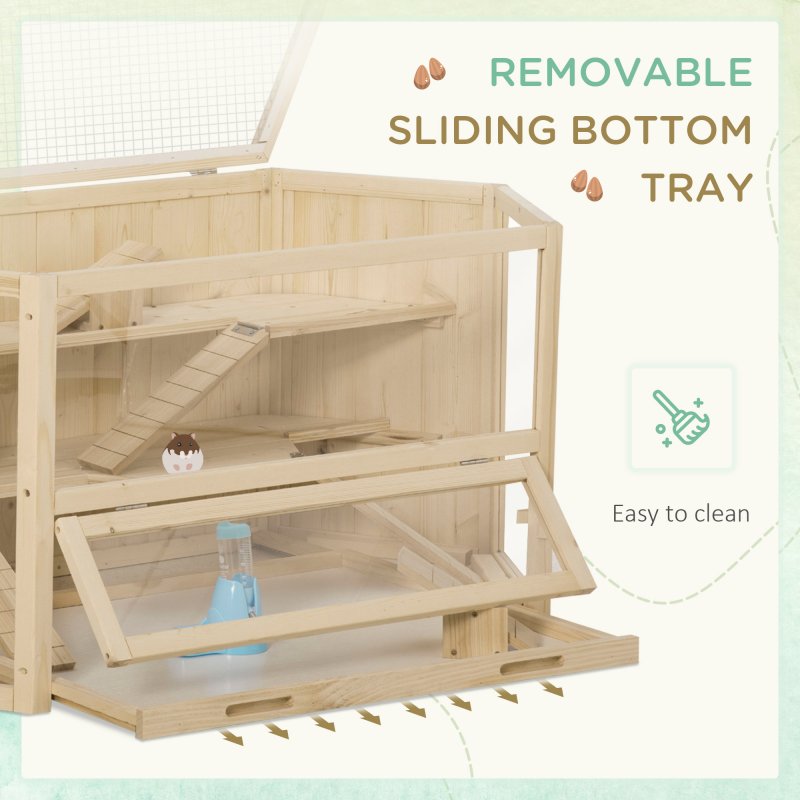PawHut Wooden Large Hamster Cage Small Animal Exercise Play House 3 Tier with Sliding Tray, Seesaws, Water Bottle, Natural