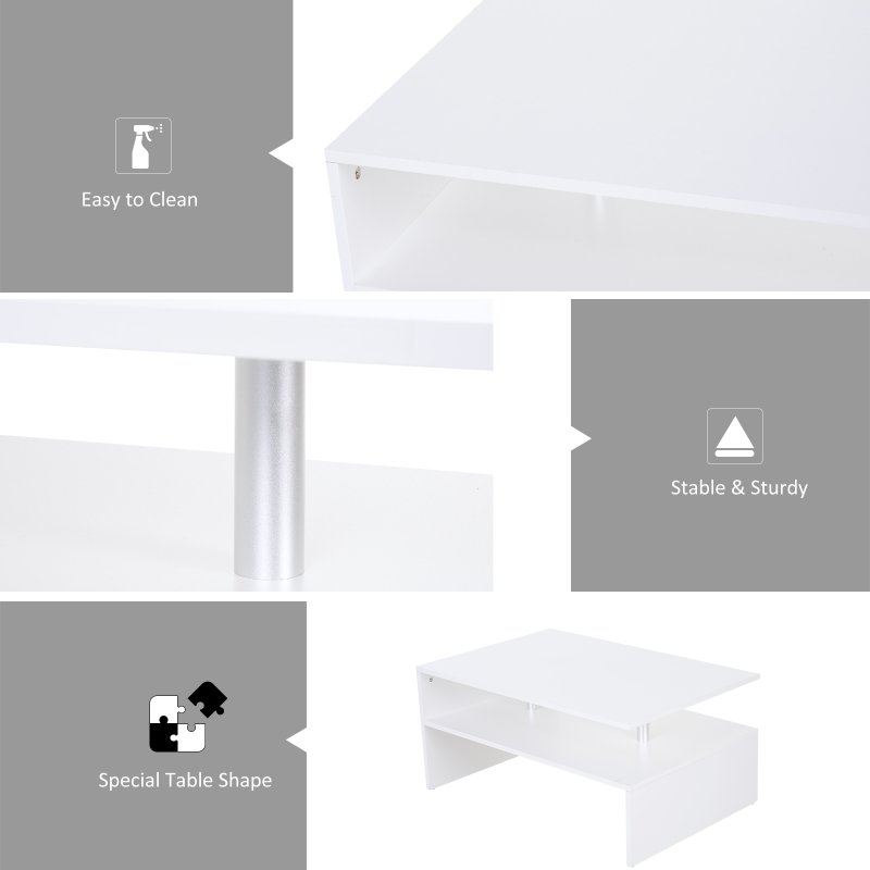 HOMCOM Coffee Table with Storage, 2-Tier Centre Table, Modern Living Room Table with Open Shelf and Aluminium Poles, White
