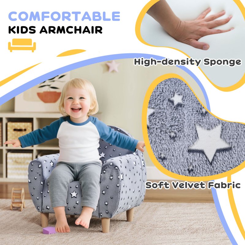 AIYAPLAY Kids Armchair, Glow in the Dark Single Chair with Star Design, Upholstered Toddler Tub Chair for Bedroom, Playroom, Kid Room, Grey