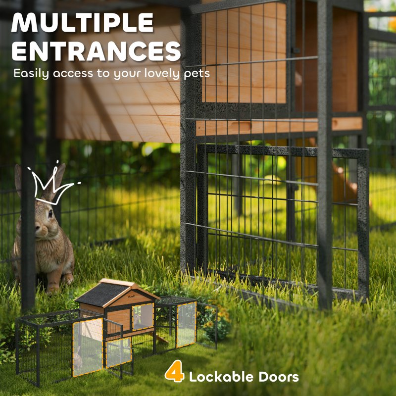 PawHut Rabbit Hutch Outdoor, Wooden Guinea Pig Hutch with Steel Run, Removable Leak Proof Tray, Water-Resistant Roof, Ramp, Small Animal House for 2-3 Bunnies, Guinea Pigs, 217 x 53 x 86 cm
