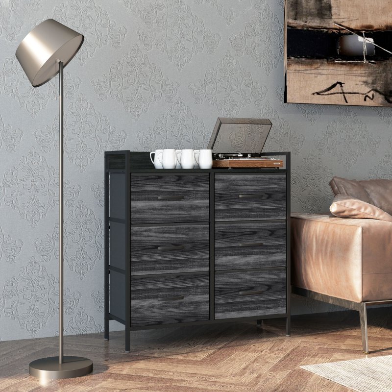 HOMCOM Bedroom Chest of Drawers, Fabric Dresser with 6 Drawers, Storage Organiser Unit with Open Shelf and Metal Frame for Living Room, Entryway