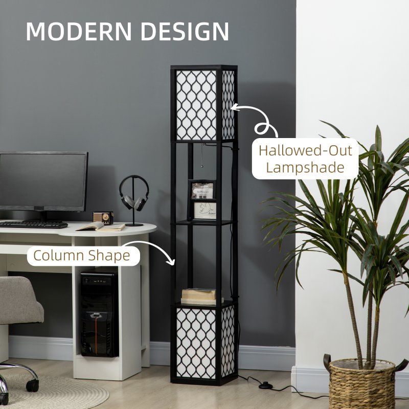 HOMCOM Modern Shelf Floor Lamp Light with Two Open Shelves Large Storage Display, for Living Room, 160cm, Bulb not Included, Black