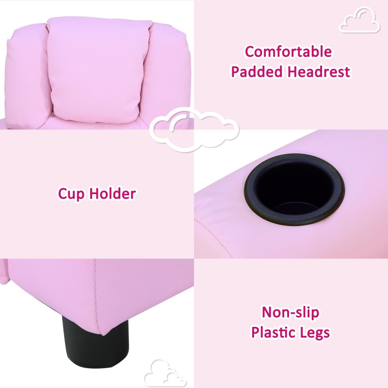 HOMCOM Kids Recliner, PU Leather Kids Armchair, Child Chair, Toddler Armchair with Adjustable Backrest, Footrest, Padded Headrest, Cup Holder, Pink