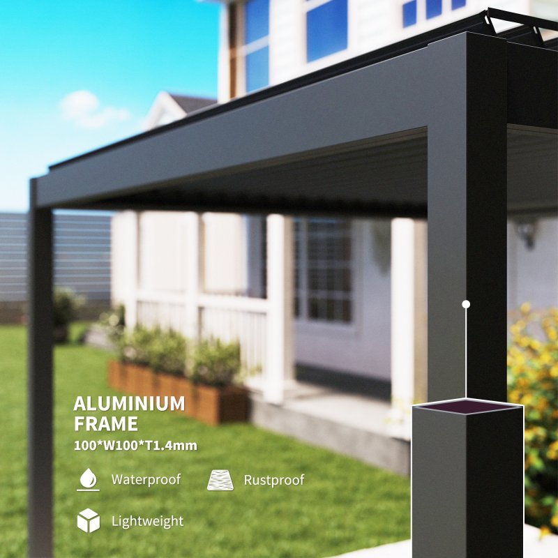 Outsunny 3 x 3(m) Electric Louvered Pergola with LED Lights, Aluminium Pergola Hardtop Gazebo with Remote, Adjustable Roof and Drainage System, Water and UV Proof
