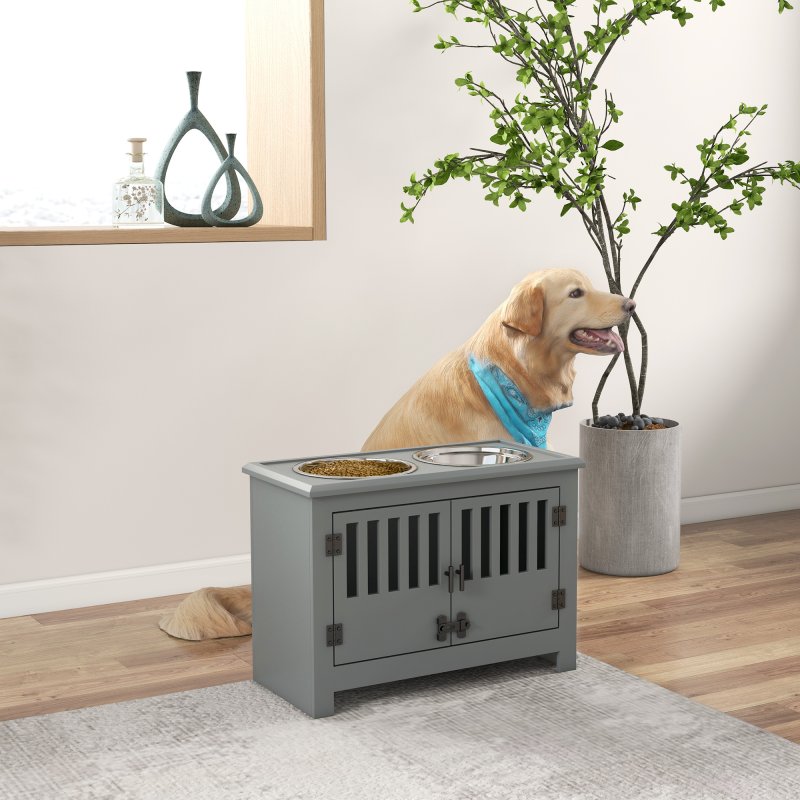PawHut Raised Dog Bowls for Large Dogs, Pet Feeding Station, Doors with Latch, Storage Cabinet, Two Stainless Steel Bowls - Grey