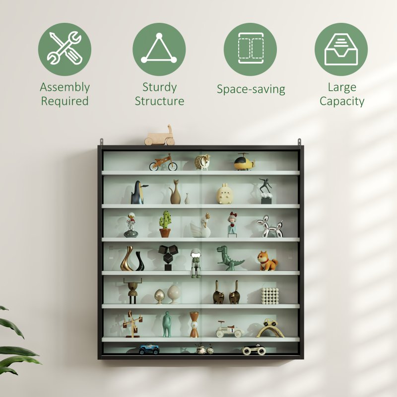 HOMCOM 7-Tier Wall Mounted Display Cabinet, Display Case with 6 Adjustable Shelves, Glass Doors for Home Office Ornaments 83x80cm, Black and White