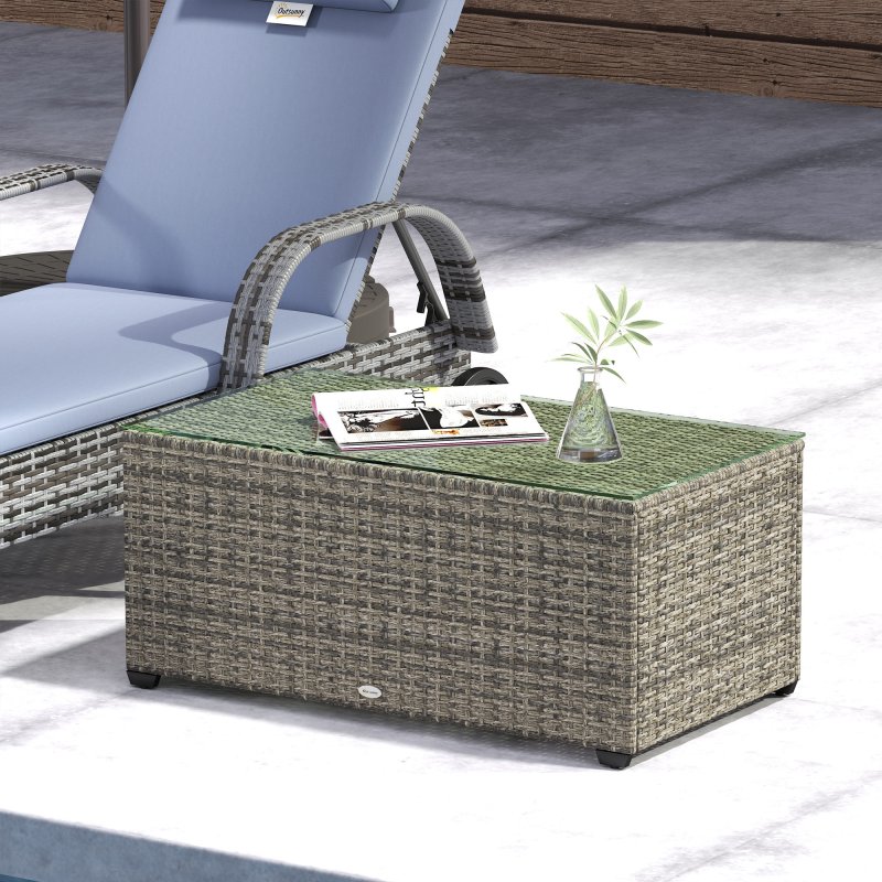 Outsunny Outdoor Coffee Table, PE Rattan Side Table with Tempered Glass Top, Wicker Rectangular Garden Coffee Table End Table with Steel Frame for Patio, Balcony, 90 x 50 x 38cm, Dark Grey