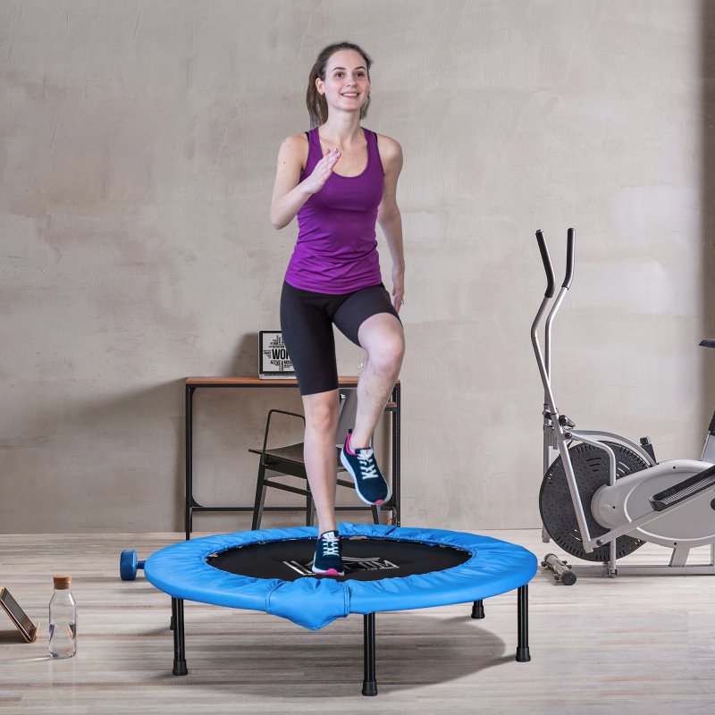 HOMCOM 101 Mini Fitness Trampoline Home Gym Yoga Exercise Rebounder Indoor Outdoor Jumper with Safety Pad, Support Up to 100 KG, Blue and Black