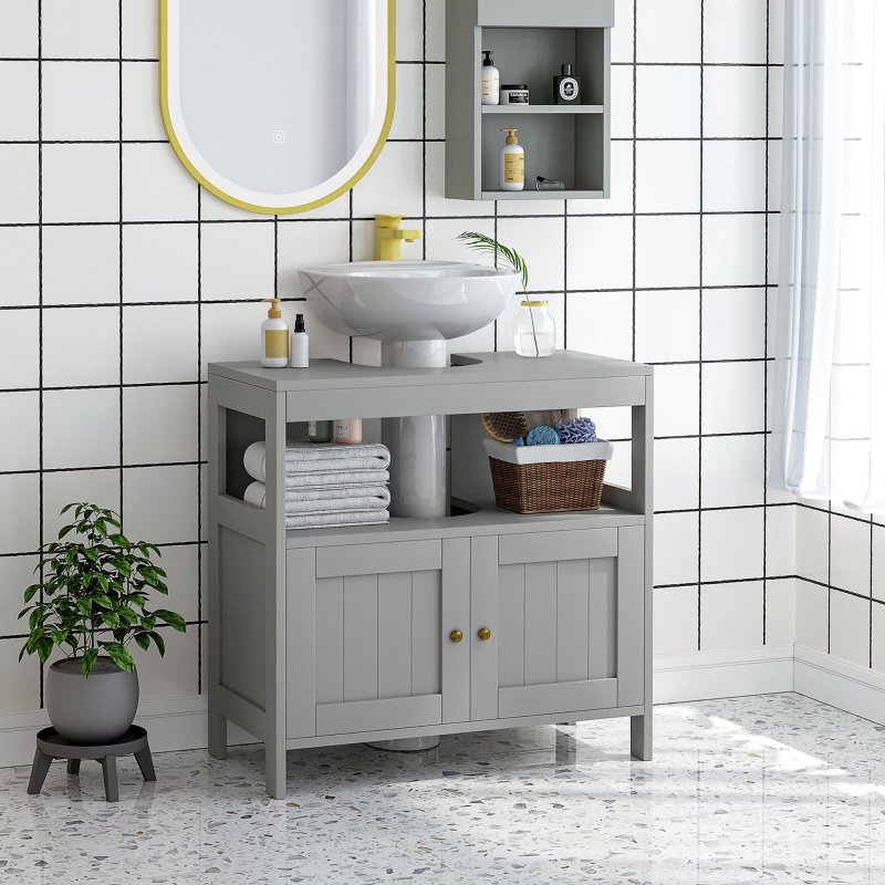 kleankin Pedestal Under Sink Cabinet with Double Doors, Modern Bathroom Vanity Storage Unit with Shelves