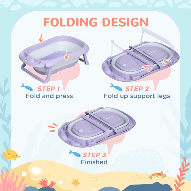 ZONEKIZ Foldable Baby Bath Tub Set, Collapsible Bathtub Antibacterial with Non-Slip Support, Cushion Pad, Shower Head Holder, for Newborn to Toddler Ages 0-6 Years - Purple