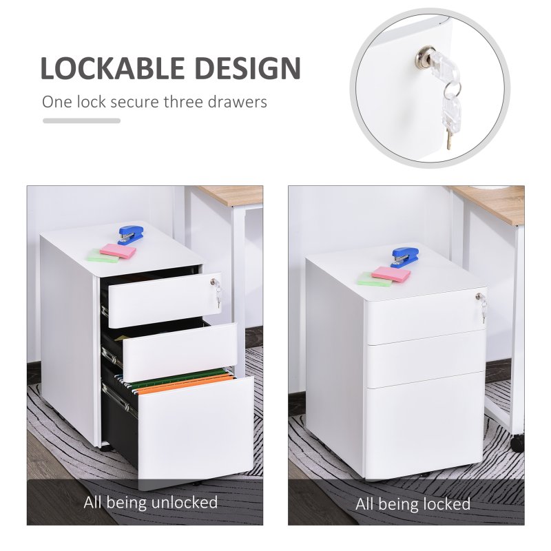 Vinsetto 3-Drawer Mobile Filing Cabinet, Steel Lockable File Cabinet for A4, Legal, Letter, Compact Under Desk Storage Unit with Pre-Assembled Body Except Wheels for Home Office, 39 x 48 x 59cm, White