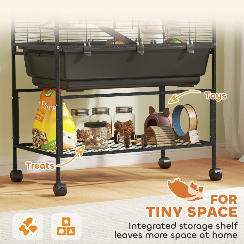 PawHut Hamster Cage, 3 Tier Large Gerbil Cage on Wheels with 17 cm Deep Tray, Storage Shelf, Big Exercise Wheel, Tube System, Hut, Platforms, Ramps, Food Dish, Water Bottle, for Syrian Hamsters, Rats