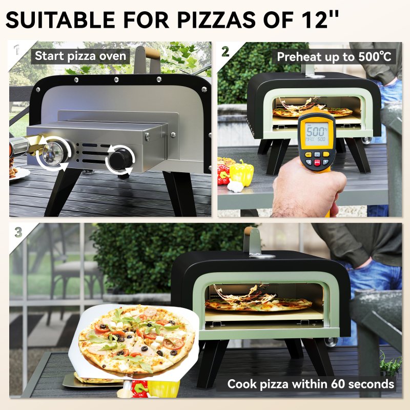 Outsunny Outdoor Tabletop Gas Pizza Oven with 12" Stone and Peel, Portable Pizza Oven Maker with Thermometer, Foldable Legs, Handle, Gas Hose and Regulator, Black