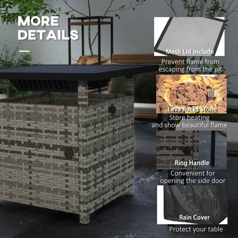 Outsunny Outdoor Rattan Gas Fire Pit Table, 50,000 BTU Square Garden Table with Fire Pit, Rain Cover, Wind Guard, Pulse-Ignition and Volcanic Rock, 72.5 x 72.5 x 67.5 cm, Grey