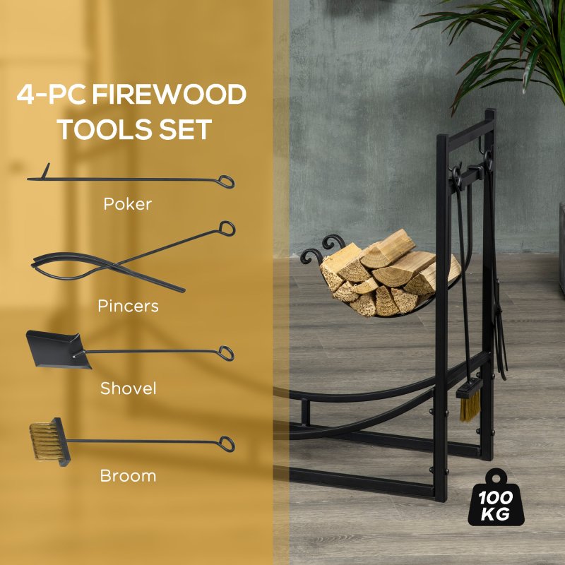 Outsunny Metal Firewood Log Holder Indoor Outdoor Firewood Rack Fireplace 2 Tier Wood Storage Shelf with 4 Tools, Hooks, Scrolls, Black, 84W x 33D x 76H cm