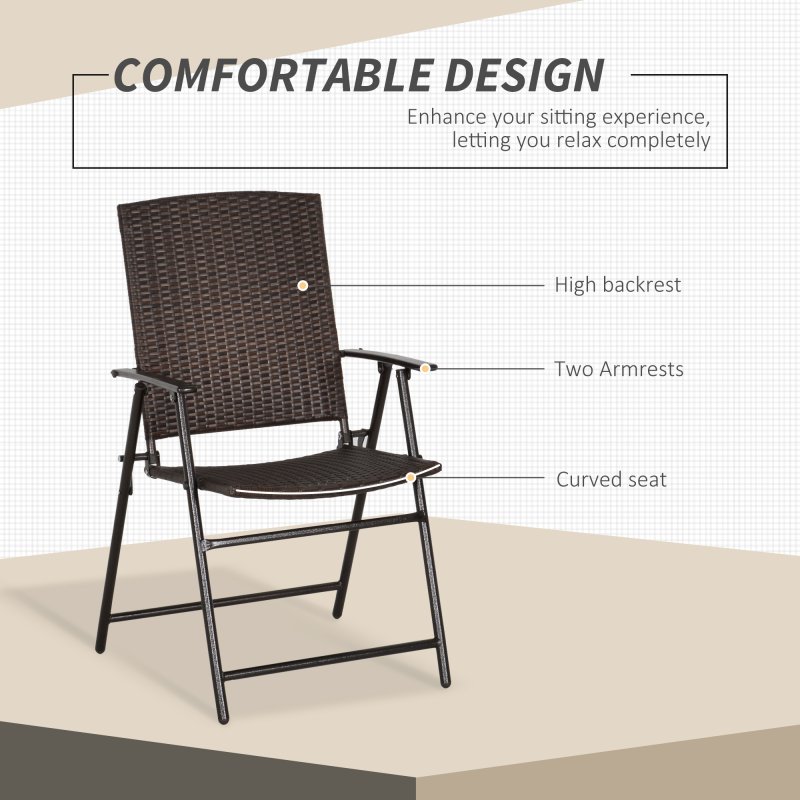 Outsunny Folding Garden Chairs Set of 4, PE Rattan Garden Dining Chairs with Armrests, High Back and Steel Frame, Weather Resistant Outdoor Dining Furniture for Patio, Balcony, Brown