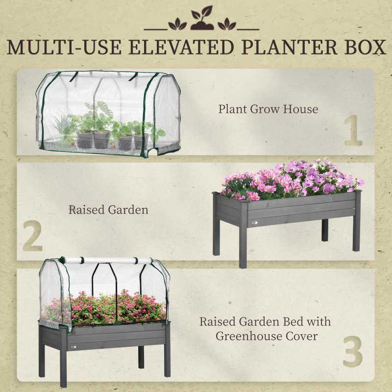 Outsunny Raised Garden Bed with PE Greenhouse Cover, Outdoor Elevated Wood Planter Box for Herbs and Vegetables, Use for Patio, Garden, Balcony, 121 x 55 x 117cm, Dark Grey