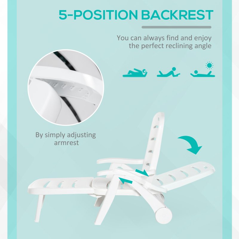 Outsunny Set of 2 Folding Sun Lounger with Wheels, 5-Position Adjustable Outdoor Deck Chair Furniture, Garden Beach Patio Pool Lounger Recliner Seat, White