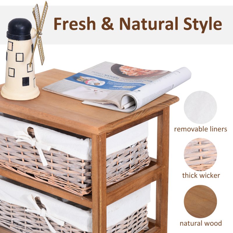 HOMCOM 5 Drawer Dresser Wicker Basket Storage Shelf Unit Wooden Frame Home Organisation Cabinet Bedroom Office Furniture Natural Finish