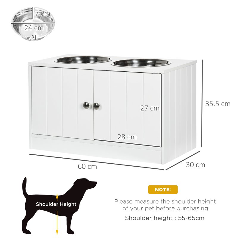 PawHut Raised Dog Bowls for Large Dogs Pet Feeding Station w/ Stand, Storage, Two Stainless Steel Bowls - White