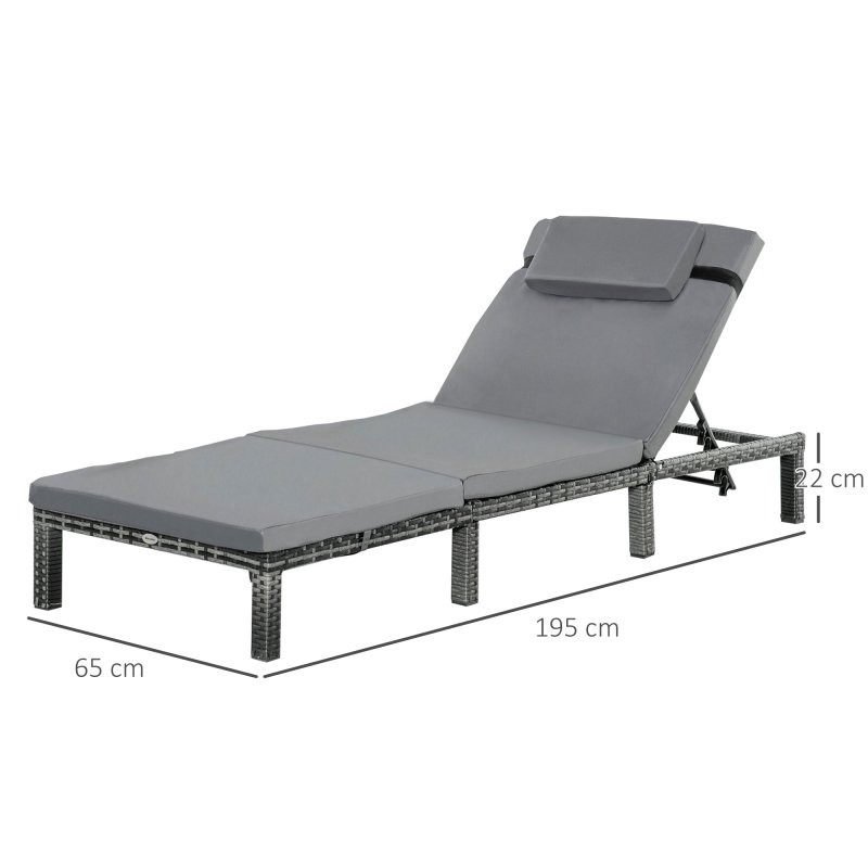 Outsunny Rattan Sun Lounger, 5-Level Adjustable Garden Lounger Recliner with Cushion and Headrest, Outdoor Reclining Sunbed, Steel Frame Garden Chair for Patio, Beach, Terrace, Dark Grey