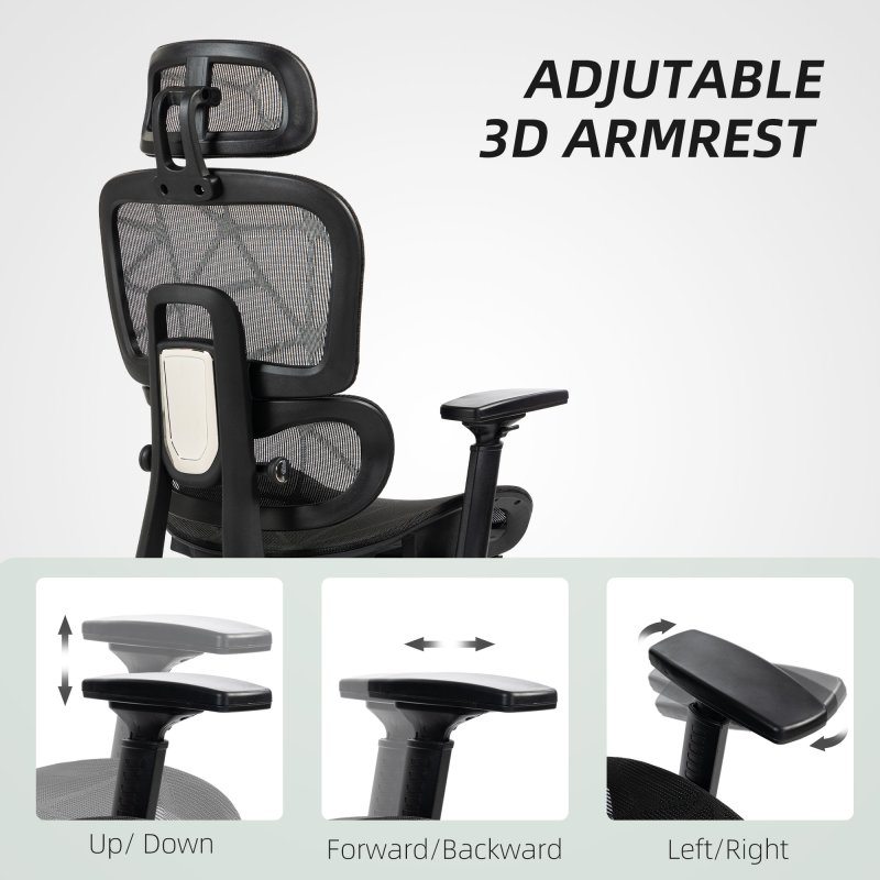 HOMCOM Ergonomic Office Chair, Mesh High Back Computer Desk Chair with 3 Level Adjustable Back, Adjustable Lumbar Support, Swivel Recliner with 3D Armrest, Headrest, Footrest, Black