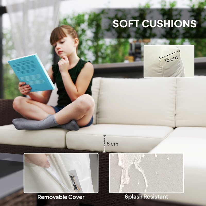 Outsunny 5 Piece Rattan Garden Furniture Set with Gas Fire Pit Table, 4 Seater Outdoor Sectional Sofa Set with Footstool and Removable Cushions, Modular Combination, Brown and Cream White