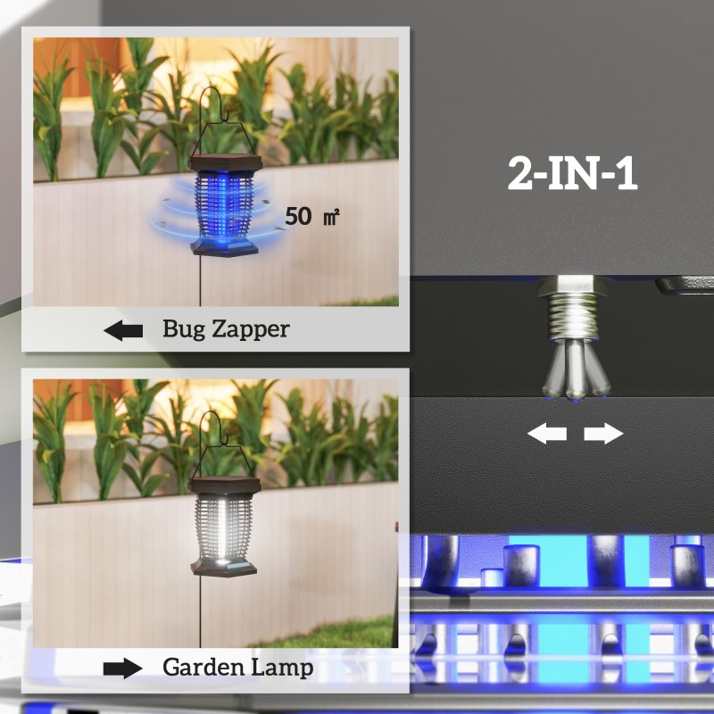 Outsunny 2-in-1 Electric Fly Zapper with UVA Light, Hanging Garden Lantern, Solar and USB-DC Rechargeable Insect Mosquito Bug Zapper, Fly Killer for Indoor and Outdoor Use, Black
