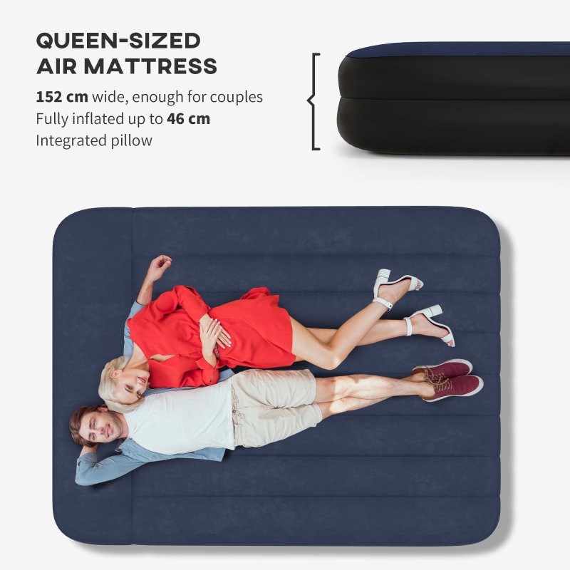 Outsunny King Size Bed with Built-in Electric Pump and Integrated Pillow, Inflatable Mattress with Carry Bag, Flocked Surface, Blow Up Airbed for Guest, Camping, Travel, 203 x 152 x 46cm