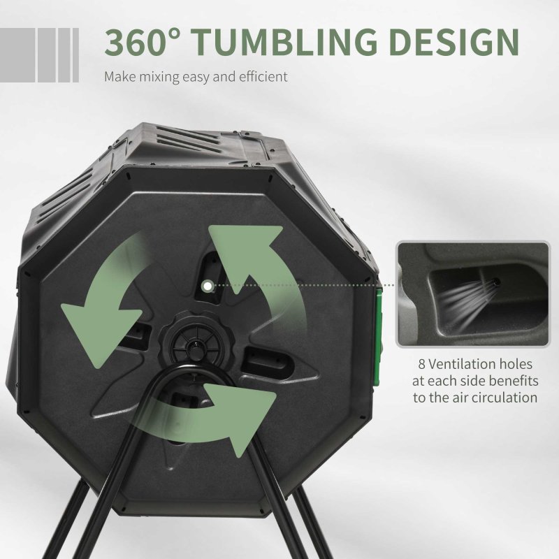 Outsunny 160L Tumbling Compost Bin Outdoor Dual Chamber 360 Rotating Composter, Garden Compost Bin w/ Sliding Doors & Solid Steel Frame, Black