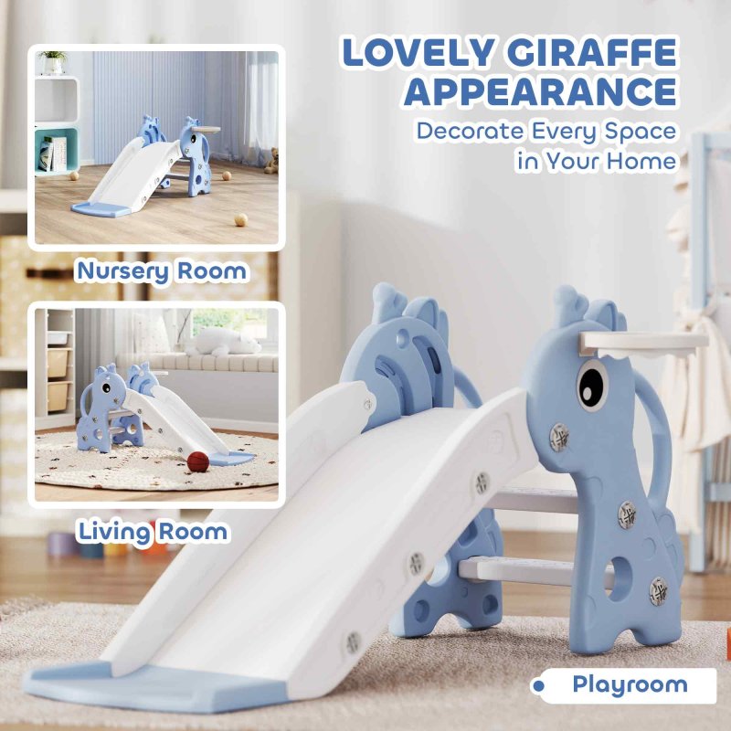 AIYAPLAY 3 in 1 Kids Slide, Giraffe Shape Toddler Slide with Climber, Basketball Hoop and Ball, Indoor Playground Equipment for Age 1-3, Blue