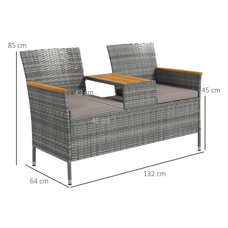 Outsunny 2 Seat Rattan Garden Bench, Patio Wicker Chair with Acacia Wood Top Middle Table, Outdoor PE Rattan Love Seat with Padded Cushions, Decorative Handrails, Grey