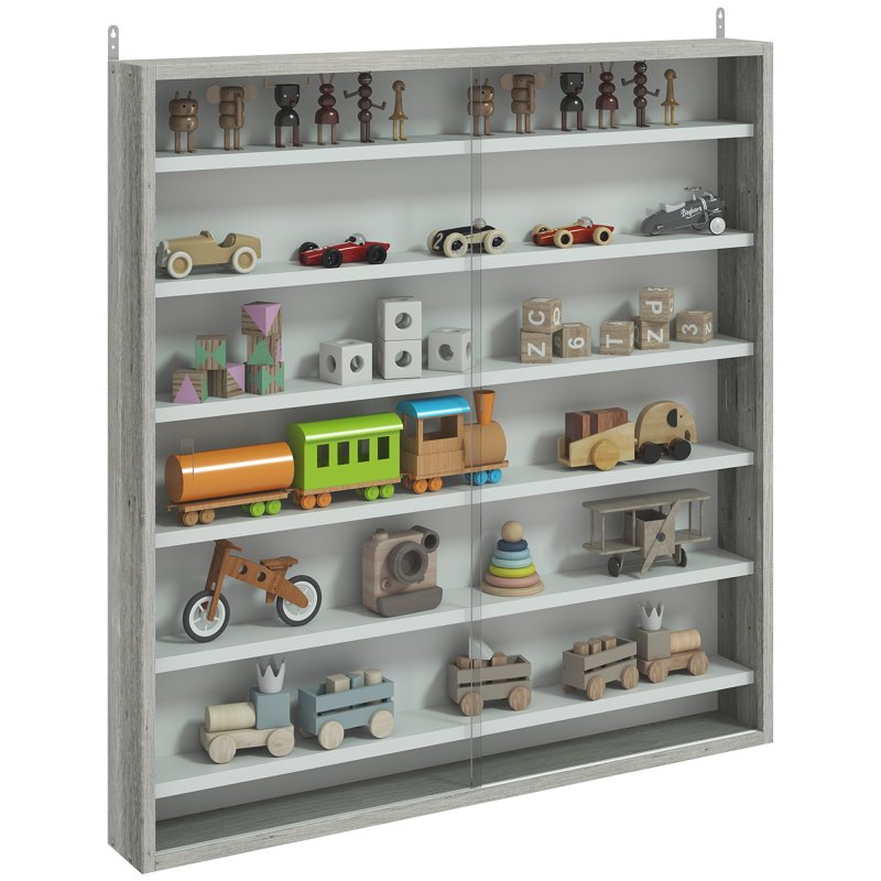 HOMCOM 7-Tier Wall Mounted Display Cabinet, Display Case with 6 Adjustable Shelves, Glass Doors for Home Office Ornaments 83x80cm, Graphite Wood Effect