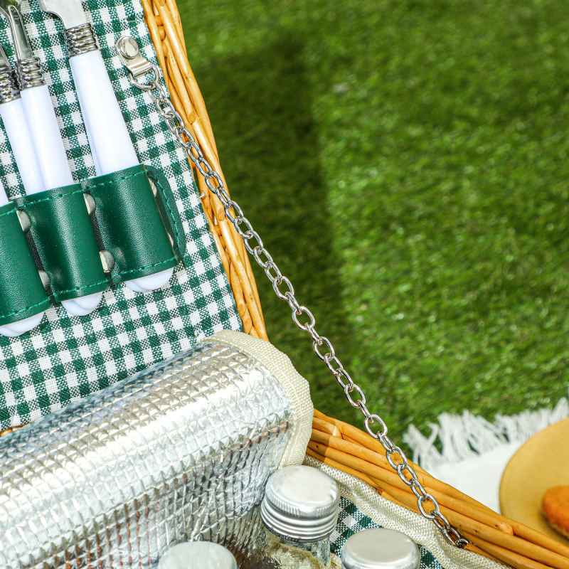 Outsunny Wicker Picnic Basket for 2 Person with Cooler Compartment, Picnic Hamper with Cutlery Service Kits and Carry Handle for Camping, Outdoor, Valentine Day, Chirtmas, Birthday, Light Brown