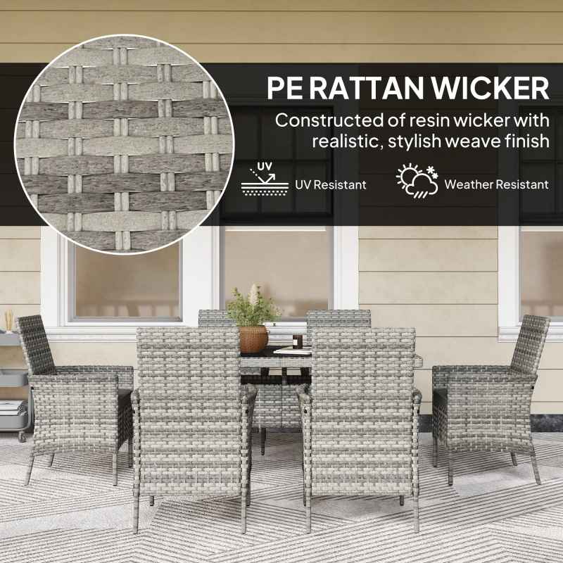 Outsunny Rattan Garden Furniture Set, 6 Seater Outdoor Dining Table and Chairs with Cushions, 150 x 90cm Rectangular Tempered Glass Table, 6 Armchairs, for Terrace, Conservatory, Balcony, Mixed-Grey