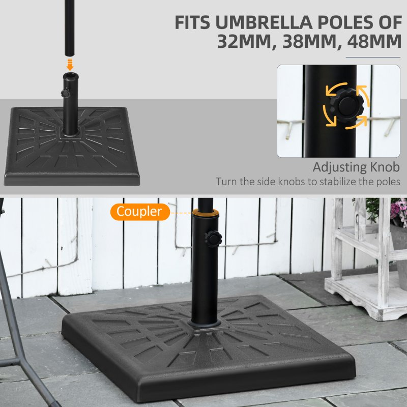 Outsunny 19kg Resin Garden Parasol Base Holder, Square Outdoor Market Umbrella Stand Weight for Poles of 32mm, 38mm, and 48mm, Black