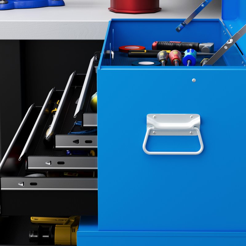 HOMCOM Tool Chest, Metal Tool Cabinet on Wheels with 6 Drawers, Pegboard, Top Chest and Roller Cabinet Combo, 61.6 x 33 x 108cm, Blue